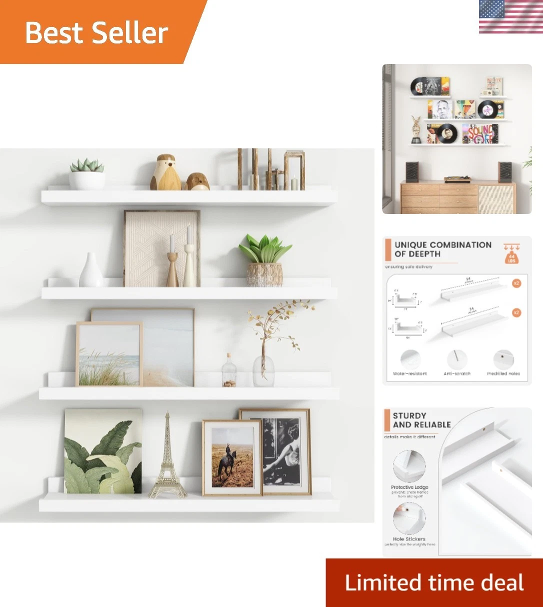 Wall Shelves Floating Picture Ledge Shelves Set 4 24 Inch Storage Book Shelves
