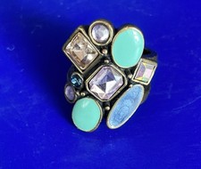 Boho Statement Ring Mixed Stones – Brass Tone Retro Style Unisex Sz UK O
