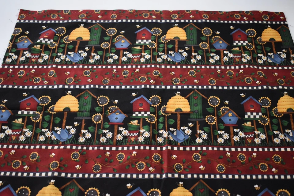 DEBBIE MUMM FABRIC sunflowers daisies beehive birdhouse BORDER STRIPE 23" X 44" - Image 2 of 3
