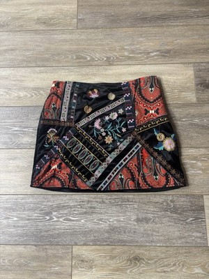 Zara Mini Skirt Sz M Velvet Embroidered Patchwork Bohemian Hippie Art Going Out