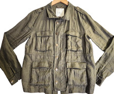 Free People Military Style Jacket Women's Size 4 Green Linen Pockets Zip Snap