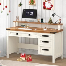 Farmhouse Executive Desk with Drawers, 47" Computer Desk with Power Outlets, Hom