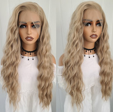 Long Wavy Ash Blonde Mix Lace Front Heat Resistant Fiber Wigs Women Soft Natural