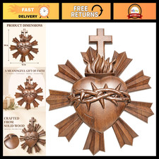 3D Carved Solid Wood Sacred Heart Wall Decor, Jesus Sculpture with Cross  Thorn
