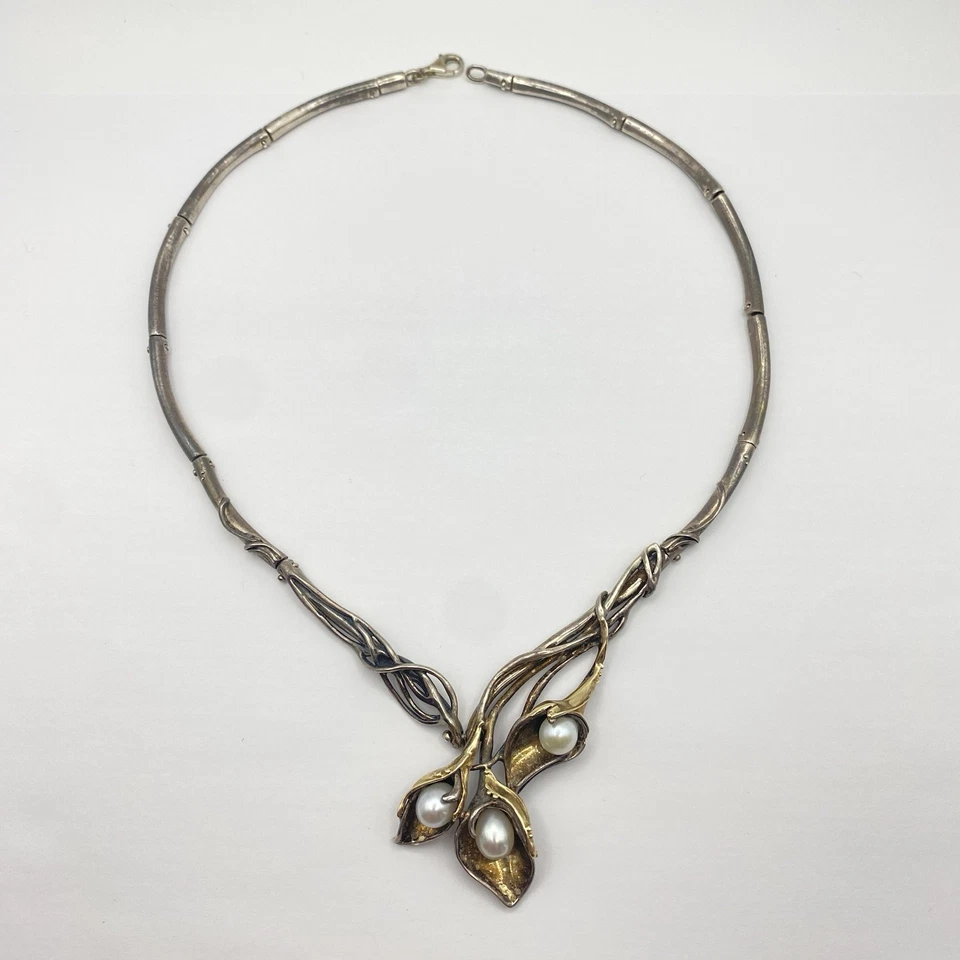 Hagit Gorali H Isreal 925 Sterling Silver 14k Gold Pearl Calla Lily Necklace 16" - Image 2 of 4