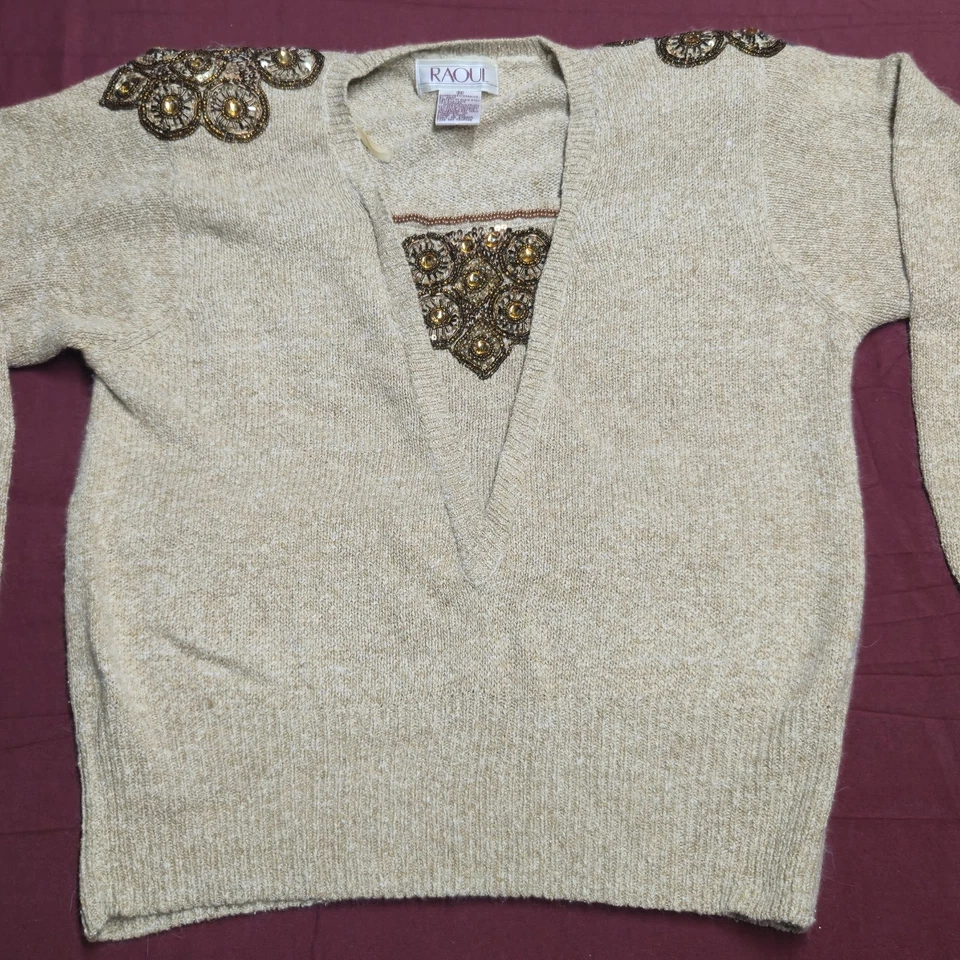 Suéter Vintage Raoul Seda/Acrílico/Nylon Beige Bordado Mujer Talla Med Foto 2 de 4