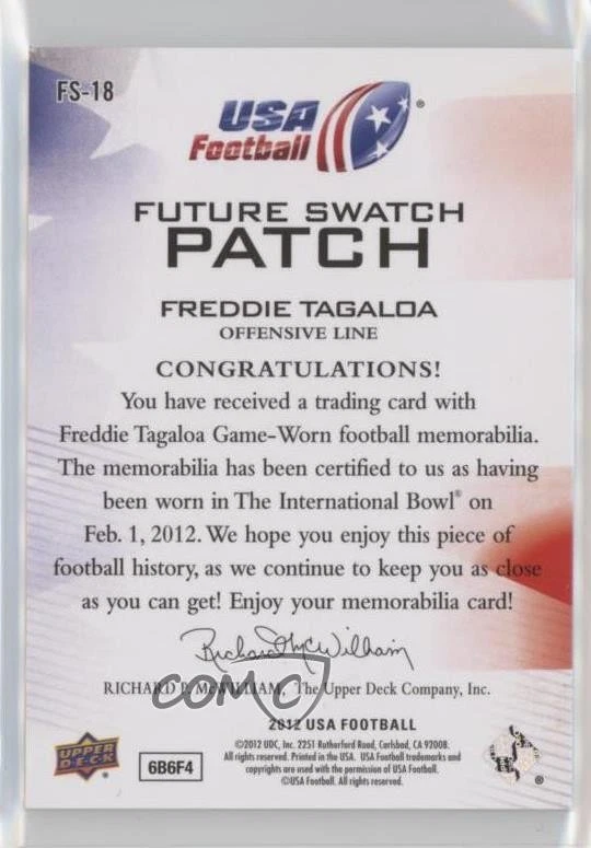 2012 Upper Deck USA Football Box Set Future Swatch Jersey Freddie Tagaloa Patch - Image 2 of 2