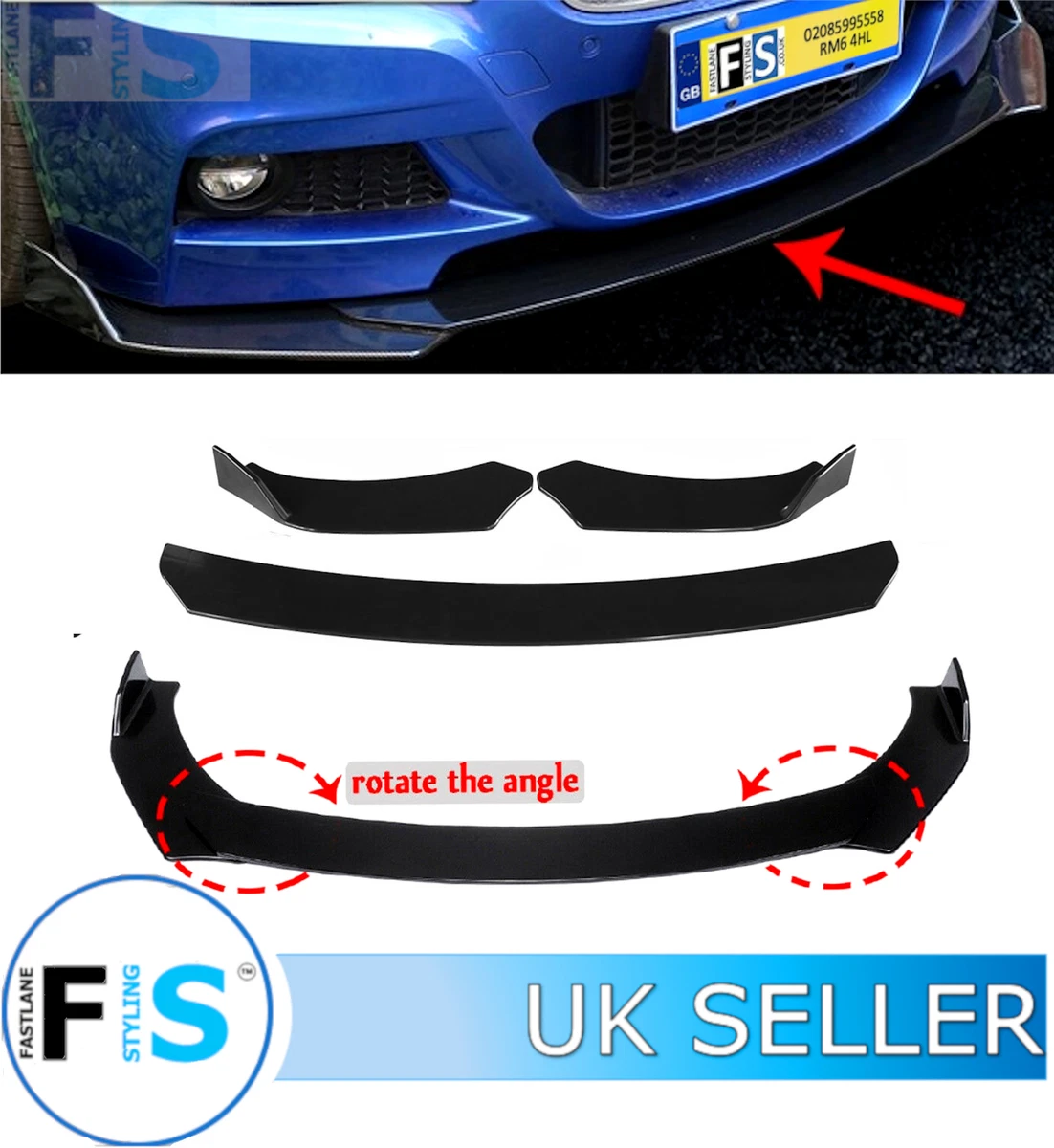 UNIVERSAL 3 PCS FRONT SPLITTER FRONT LIP SPOILER GLOSS BLACK ROUND
