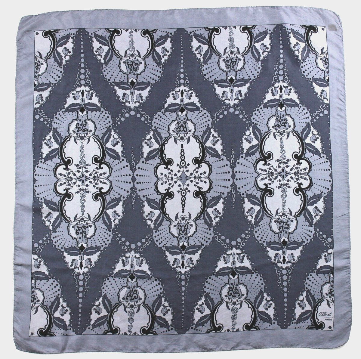 Foulard Vintage En Soie Albert Paris - Gris - Fait Main - Foulard Carré Léger