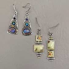 Pierced Earrings Set of 2 Dangle Celestial Retro Silver Tone Wire Green Blue