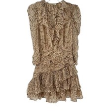 Ulla Johnson Dress Cecily Leopard Dot Mini Ruched Ruffle Silk Size 0 Metallic