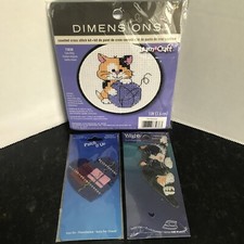 Lot 3-DIMENSIONS KITTY COUNTED CROSS STITCH Wrights Iron On Cat/Heart Patches