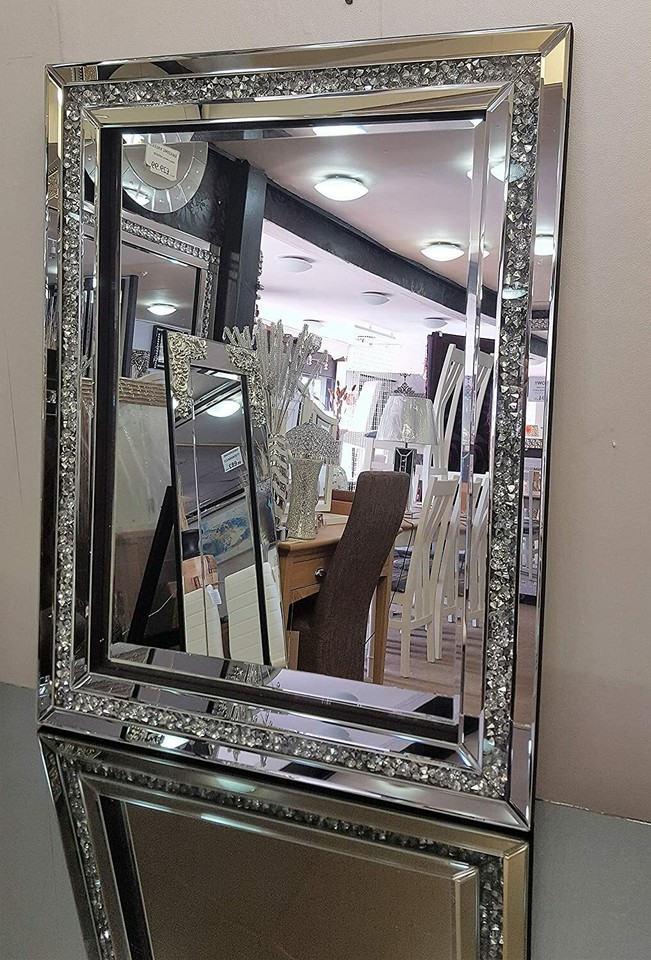New 80x60cm Crushed Diamond Crystal Glass Silver Frame Large Jewel Wall ...