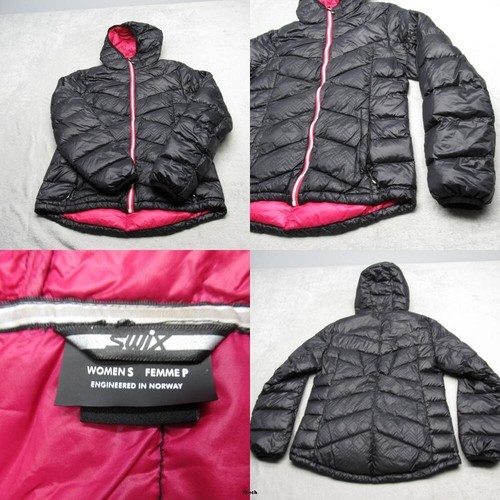 Swix Down Jacket Womens Small Black Hooded Pockets Quilted Full Zip Puffer
