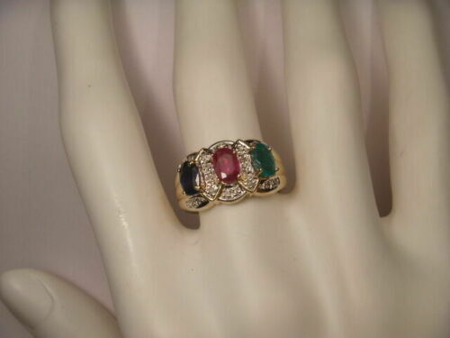 2Ct Oval Lab Created Ruby Sapphire Emerald Halo Ring Estate 14K Yellow Gold FN - Picture 1 of 8