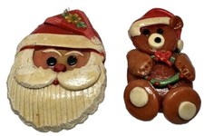 Vintage Clay Dough Items Santa Head And Bear Holding A Wreath. Small