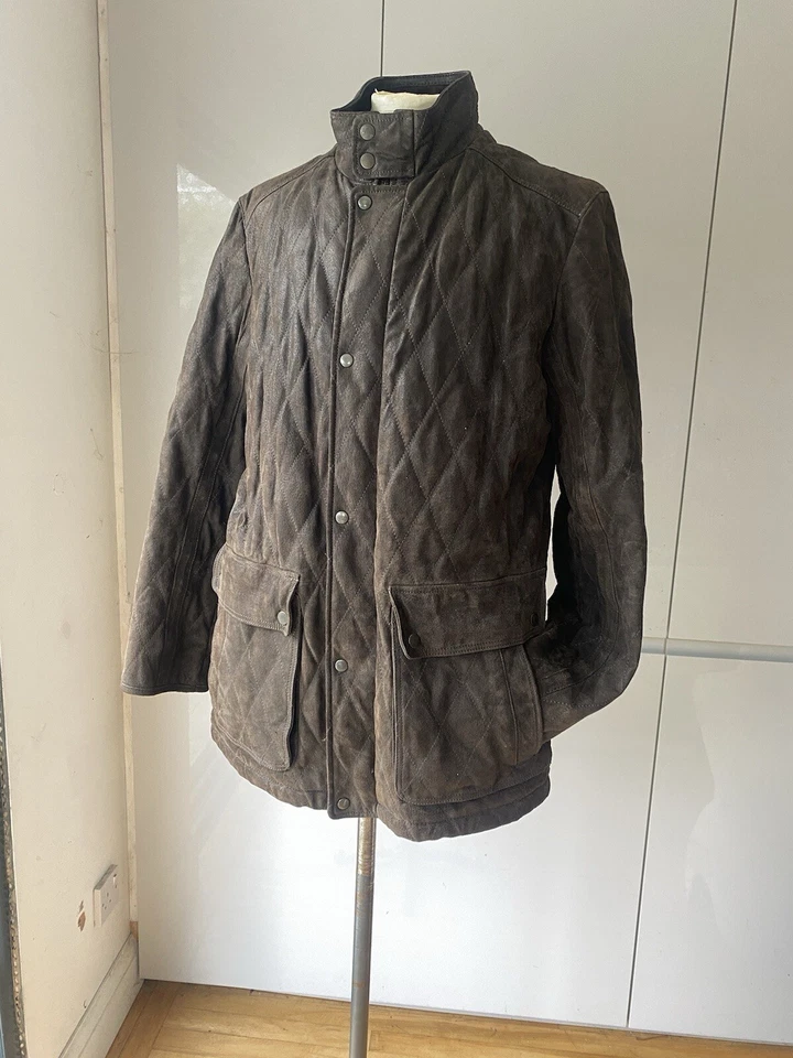 M&S BLUE HARBOUR LARGE KHAKI BROWN SUEDE QUILTED JACKET PLAID THINSULATE LINING - Image 3 of 4