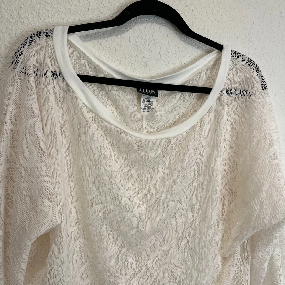 Blusa Top Playa Mujer Ropa Aleación Blanco Encaje Transparente Manga Larga Talla XL Foto 2 de 4