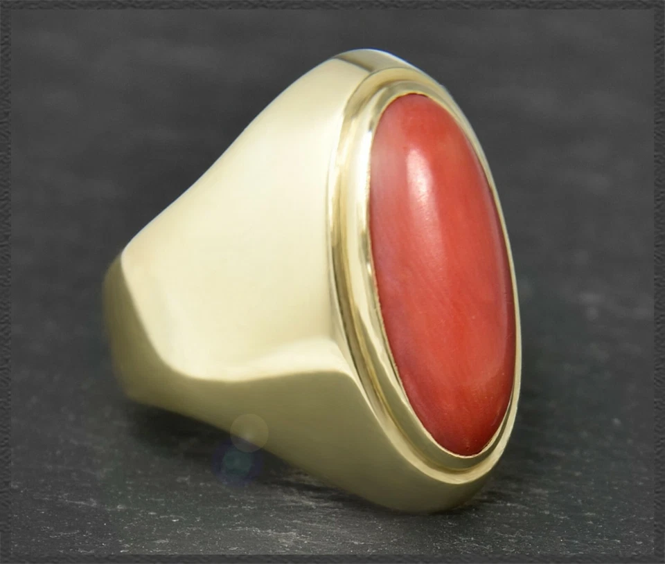 Damen Ring aus 585 Gold mit rotem Koralle Cabochon, Vintage Bandring - Bild 2 von 4