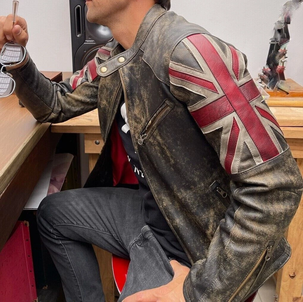 Mens Motorcycle Vintage cafe Racer Union Jack Lambskin Leather Distressed Jacket