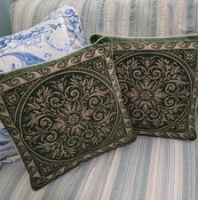 Pair Of 16" Ornate Gold Green Velvet Throw Pillows