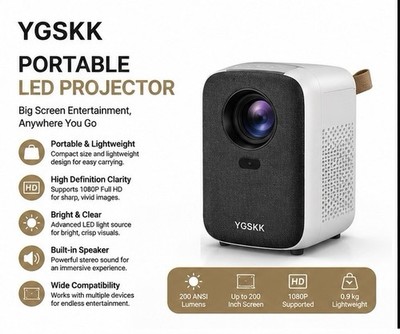 YGSKK Portable LED Projector 1080P 200 ANSI Lumens Built-in Speakers White/Black