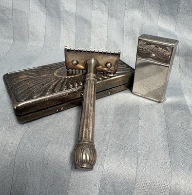 Antique Pocket Edition King Gillette Razor Set Silverplate Complete 1909