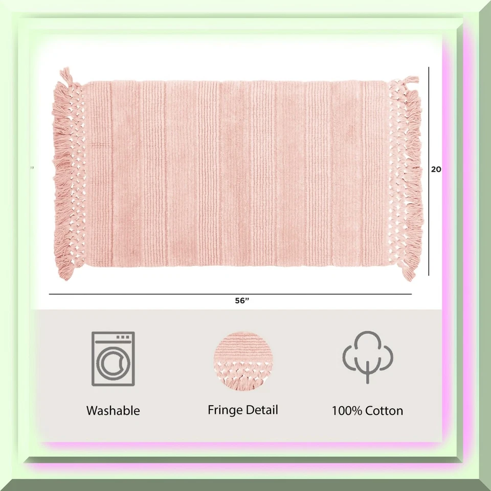 Alfombra de baño con flecos tejidos rosa 100 % algodón lavable a máquina Foto 3 de 4