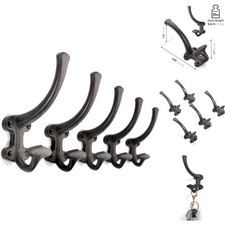 Vintage Cast Iron Wall Mounted Coat Hooks 5-Pack Heavy Duty Double Hook Black