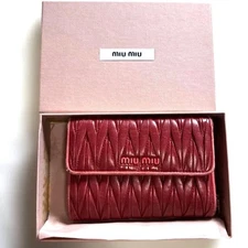 Miu Miu Tri-Fold Leather Wallet Red with Guarantee Card & Box Limited Used Japa