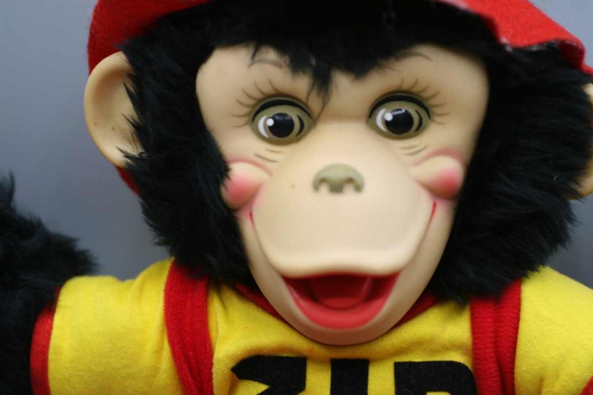 希少、レトロ、TALKING CHIMP BANANA TREE Vintage Zippy Monkey Doll Rubber Face Banana 14