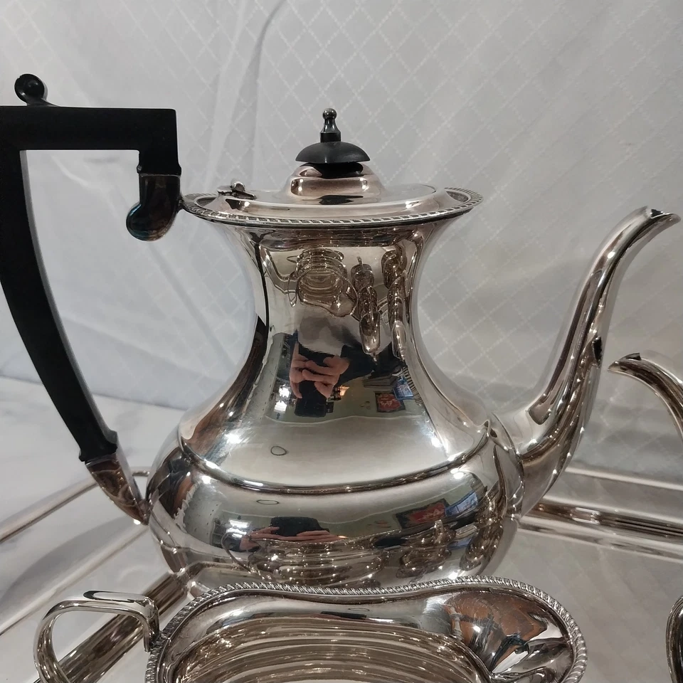 Antiguo juego de té EHP hecho en Sheffield Inglaterra EPNS 4 piezas con bandeja de plata Foto 3 de 4
