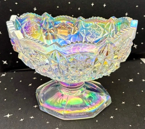 Vintage L.E. Smith Iridescent Carnival Glass Pedestal Bowl Star Pattern