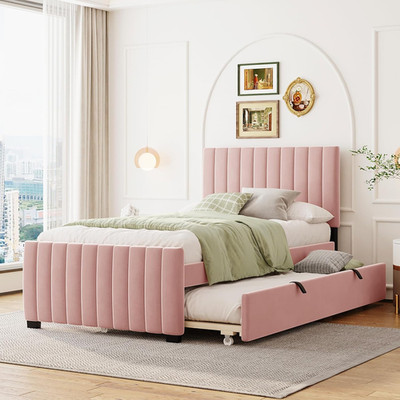 Pink Twin Velvet Platform Bed with Trundle for Kids - Space Saving Design