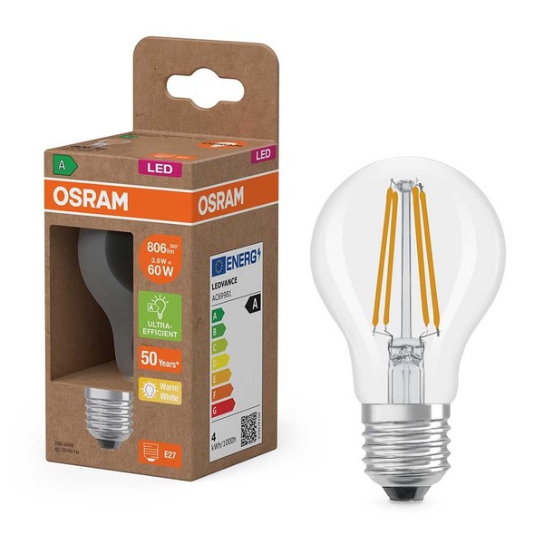 Osram Led Filament A60 Birne 3,8W = 60W E27 806Lm Warmweiß 2700K Ultra Effizient-image