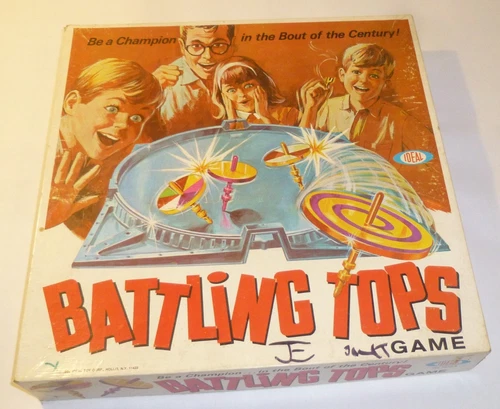 BATTLING TOPS VINTAGE 1968 IDEAL FAMILY BOARD GAME 6 TOPS, 4 PULLERS NO PEGS