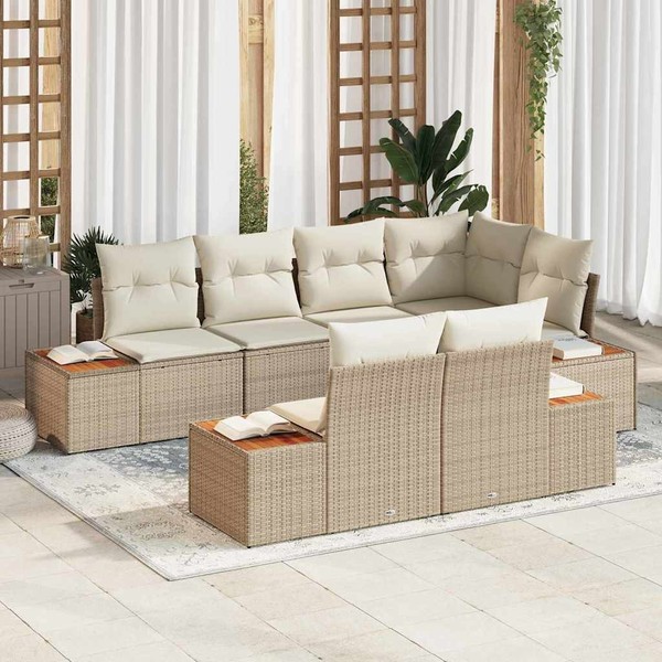 7-Teilige Garten Sofa Set Mit Kissen Beige Poly Rattan Akazie-image
