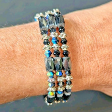 Unisex Magnetic Therapy Hematite Black Crystal Beaded Wrap Bracelet 21"