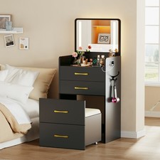 Lvifur 3 in 1 Vanity Desk with Flip Top Mirror and Lights,Glass Top Makeup Table