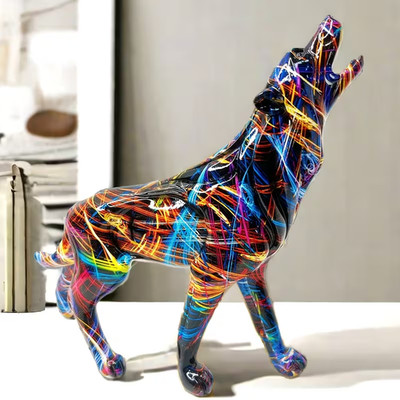 Moderner Wolf Deko Figur aus Resin 18,5cm   Bunte Heulender Wolf Skulptur Hochgl