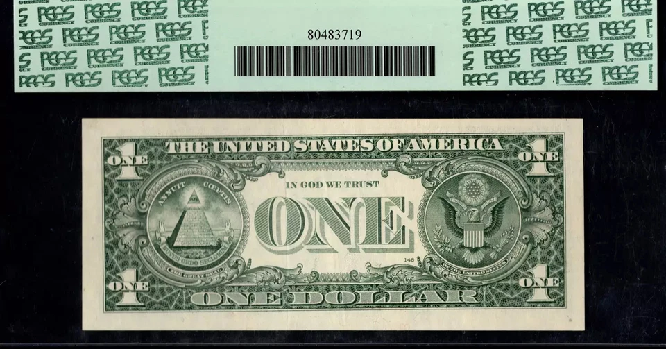 $1 1995 FRN MISALIGNED OVERPRINT ERROR Skewed Serials + Seals PCGS Abt New 53 - Image 2 of 2