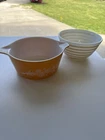 Vintage Pyrex Orange Floral Bowl w Handles + White Ribbed Bowl Lot