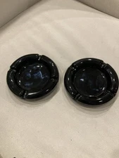 Pair Of Vintage Black Ceramic Ashtrays - Mid Century Modern Bar Ware