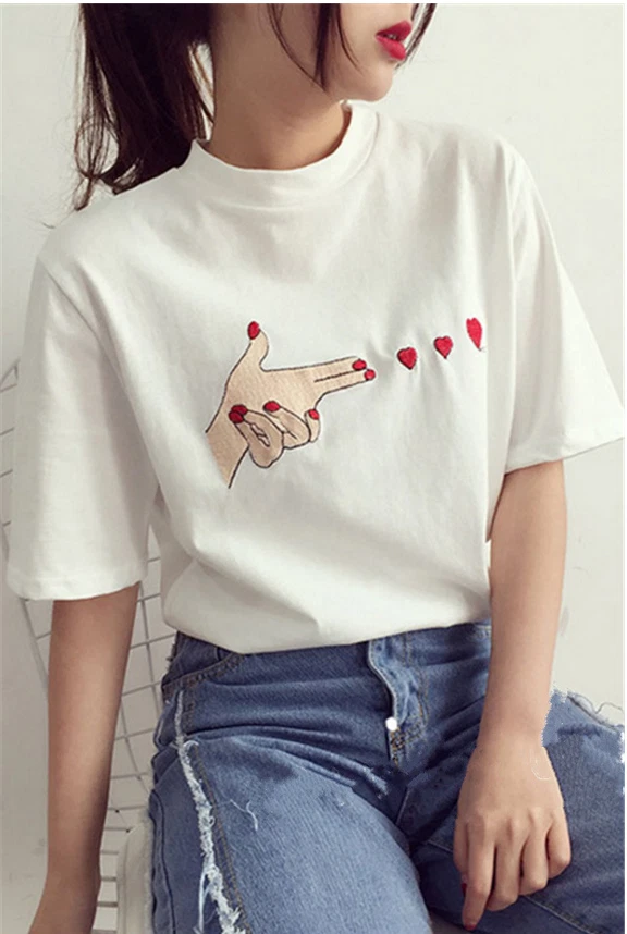 Fashion Women Girl Korean Summer Heart print casual T shirt short sleeve Blouse