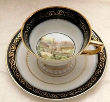 Vtg PM w Crown Demitasse Cup & Saucer Dark Blue w Gold & Scene of Dresden Castle