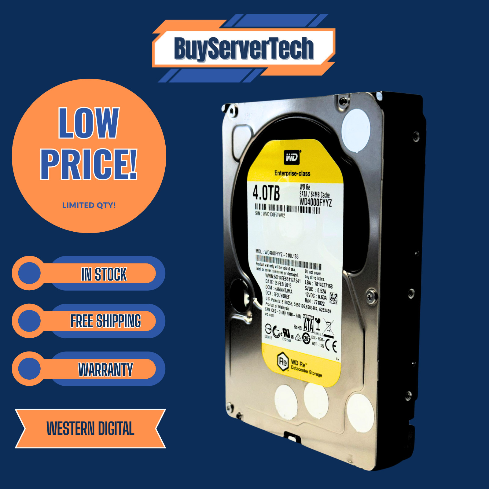 WD4000FYYZ Western Digital RE 4TB 7.2k 64MB 3.5" SATA 6Gb/s HDD | 0 Hours | 1 Y