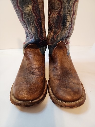 Olathe Women's Tall Cowboy Boots Size 5 1/2 B Blue And Brown Leather Handmade - Picture 11 of 14