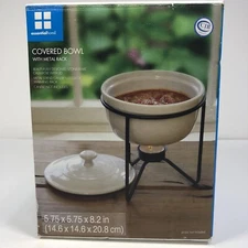 Ceramic Covered Bowl w/ Metal Rack Gravy Warmer Server Stand 3-pc Essential Home