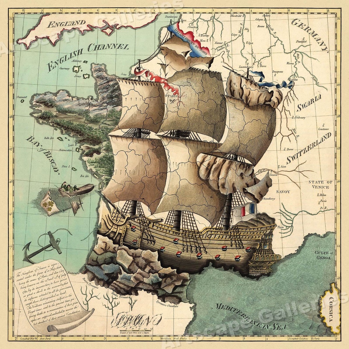 1796 Kingdom of France as a Ship Vintage Historic Map