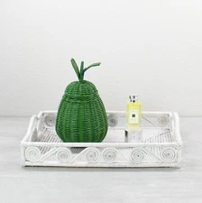 New Swirly Rectangle Large Rattan Tray with Handles-Whitewash-17.7"